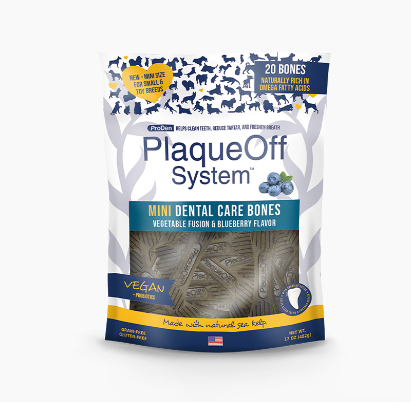 ProDen PlaqueOff System® Mini Dental Care Bones – Vegetable Fusion & Blueberry Flavor Dog Treats 12oz.